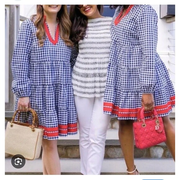 STS Sail To Sable Womens Cotton Long Sleeve Gingham Shift Dress Blue Size Medium - Picture 5 of 14